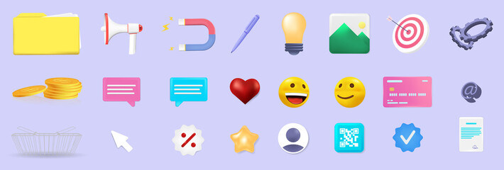 Business and social media 3D icons. Promotion and development of the project with 3D icons. Set objects for App, Web, social network. Emoji, loudspeaker, target, magnet, folder and other. Vector set
