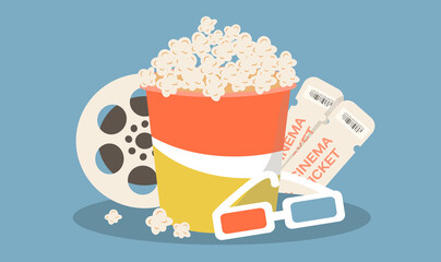 vector illustration on the theme of cinema. popcorn, 3d glasses, film reel, movie tickets - obrazy, fototapety, plakaty