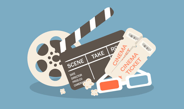 vector illustration on the theme of cinema. clapperboard, 3d glasses, film reel, movie tickets
