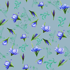 Watercolor pattern seamless  bouquets of iris flowers ,
 the petals are blue viol flower, iris,
  shades with green stems.
Suitable for the design of greeting cards,
invitations,wedding and baby