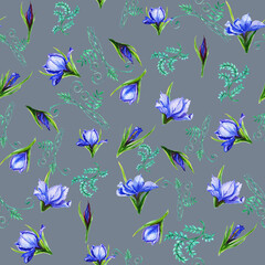 Watercolor pattern seamless  bouquets of iris flowers ,
 the petals are blue viol flower, iris,
  shades with green stems.
Suitable for the design of greeting cards,
invitations,wedding and baby
