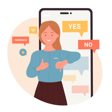 Dislike and like, negative and positive customer feedback. Cartoon girl with thumbs up and down, yes no text standing near mobile phone with messages flat vector illustration. Evaluation concept