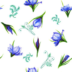 Watercolor pattern seamless  bouquets of iris flowers ,
 the petals are blue viol flower, iris,
  shades with green stems.
Suitable for the design of greeting cards,
invitations,wedding and baby