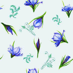 Obraz premium Watercolor pattern seamless bouquets of iris flowers , the petals are blue viol flower, iris, shades with green stems. Suitable for the design of greeting cards, invitations,wedding and baby