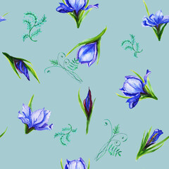 Watercolor pattern seamless  bouquets of iris flowers ,
 the petals are blue viol flower, iris,
  shades with green stems.
Suitable for the design of greeting cards,
invitations,wedding and baby