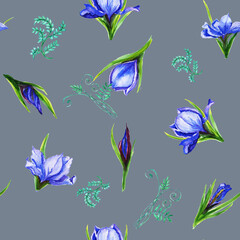 Watercolor pattern seamless  bouquets of iris flowers ,
 the petals are blue viol flower, iris,
  shades with green stems.
Suitable for the design of greeting cards,
invitations,wedding and baby