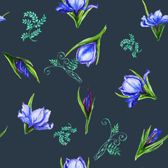 Fototapeta premium Watercolor pattern seamless bouquets of iris flowers , the petals are blue viol flower, iris, shades with green stems. Suitable for the design of greeting cards, invitations,wedding and baby