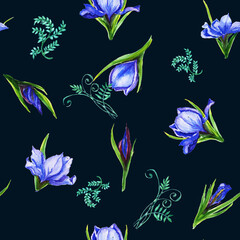 Fototapeta premium Watercolor pattern seamless bouquets of iris flowers , the petals are blue viol flower, iris, shades with green stems. Suitable for the design of greeting cards, invitations,wedding and baby