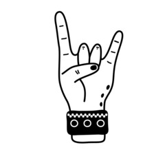 Doodle rock music gesture hand with bracelet.Vector male hand.Isolated on white backround.
