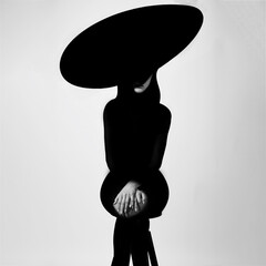 Fashion concept. Abstract woman black body silhouette with big hat and black clothes. Part of face...