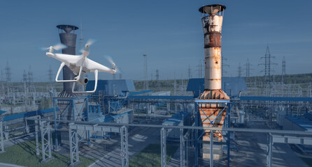 Drone Industry control and inspection chimneys of gas turbo power plant. Scanning of defects on...