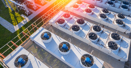 Industry equipment Air conditioning of plant, drone aerial top view of roof