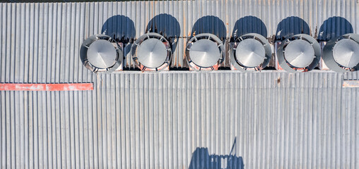 Industry survey of roof building structures factory. Industrial application of drone, aerial top...