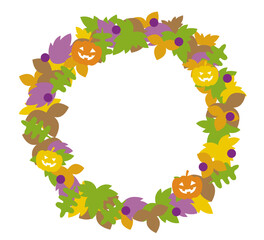 枯葉と落ち葉とかぼちゃのイラストのハロウィーンリース素材