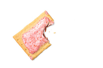 Hot Strawberry Iced Toaster Pastry with Sprinkles Isolated on White Background Toasted Frosted breakfast stuffed Tart cookies Bite Taken out and bitten - obrazy, fototapety, plakaty