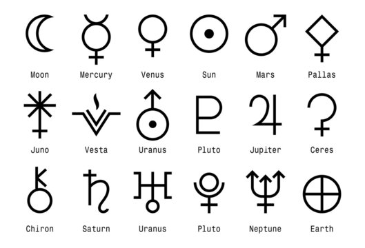 Signs and symbols of planets, celestial. Esotericism and astrology