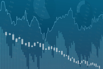 Blue finance background with numbers, columns, lines, candlesticks. Global economy concept