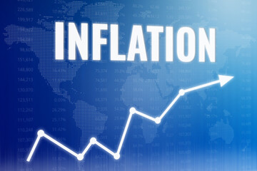 Financial term Inflation on blue background. 3D render. Soft focus. Global economy concept