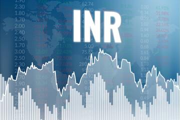 Words INR on blue finance background. 3D render. Soft focus. Currency market concept