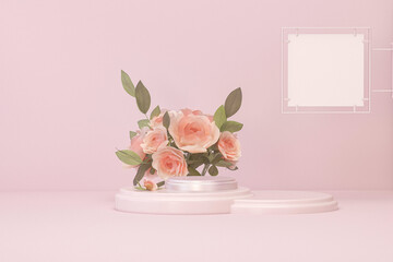 3D podium display, pastel pink background with Peonies flower and palm leaf shadow. Minimal pedestal for beauty, cosmetic product. Holiday, feminine copy space template 3d render	