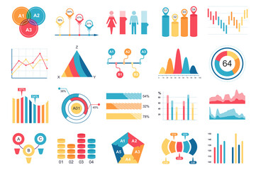 Set of infographic elements data visualization vector design template with different chart, diagram, flowchart, workflow, timeline. Infographics for business statistics, planning and analytics.