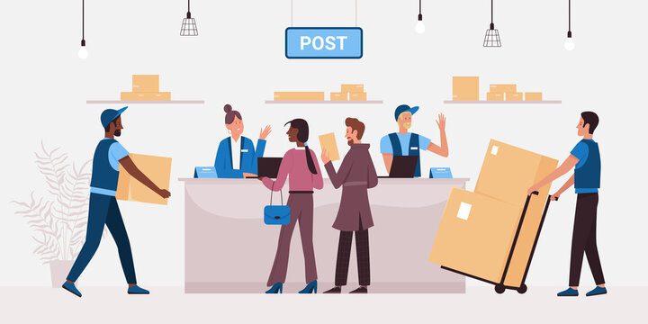 Distribution Of Parcels From Warehouse And Letters In Post Office Cartoon Postal Workers In Uniform Carry Boxes, People Send Or Receive Packages Flat Vector Illustration. Delivery, Ecommerce Concept