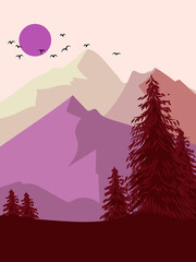 Beautiful sunrise at mountain lake vector illustration. Landscape background with pine trees, water and rocky mountain.