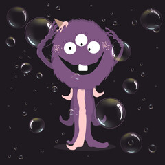 Monstruo rosa y violeta con tentaculos y burbujas con un cono de helado en la cabeza - obrazy, fototapety, plakaty
