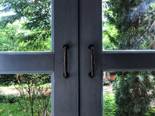 Old wooden windows in the morning nature background