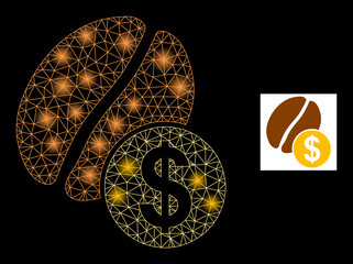 Glowing mesh coffee price constellation icon with lightspots. Illuminated vector model based on coffee price icon. Sparkle frame mesh coffee price on a black background.