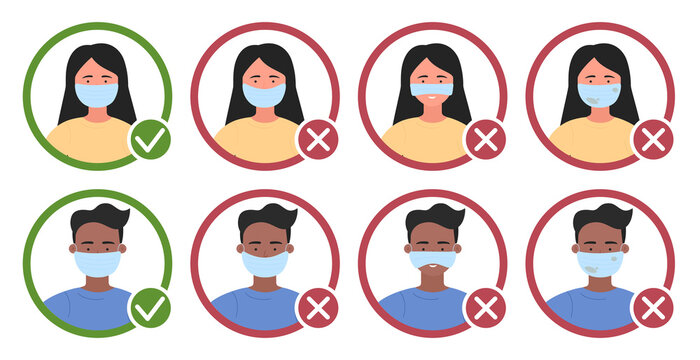 People wear medical face mask with proper and wrong way set of infographic vector illustration. Cartoon round avatar of boy and girl with mistake and protective right method. Prevention concept