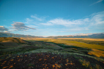 Scenic panoramic view from grassy hill to sunlit forest and golden steppe against high mountain range in gold sunlight. Colorful sunny landscape with steppe and large mountains in golden sunshine.
