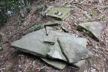 薄い石板が乱雑に置かれている地面