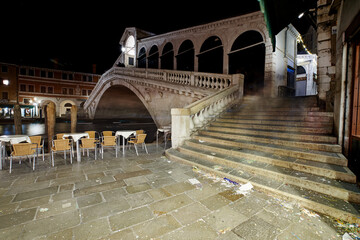 Rialto Bridge at Night in Venice, Italy. Sightseeing in Venice. Famous Landmark