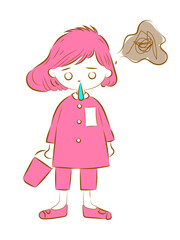 風邪をひいたのか、鼻水を垂らしながらバケツを持つ幼児の女の子のベクターイラスト