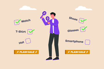 Young Customers using magnifying glass in both hands searching and check list for shopping at flash sale time