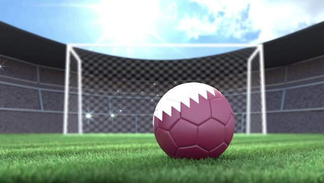 Qatar soccer ball, rolling into stadium with camera flashes. 3D animation