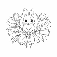 A small spring Easter bunny, drawn with one line, surrounded by tulip flowers, a wreath of flowers around the rabbit, drawn line graphics, highlighted on a white background for printing, coloring