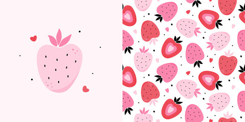 Cute hand drawn strawberries vector pattern, card