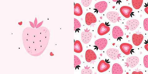 Cute hand drawn strawberries vector pattern, card