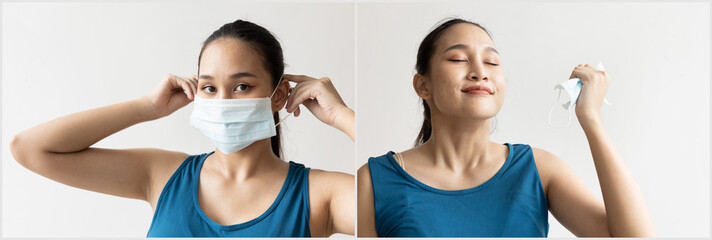 woman finally removing face mask and still wearing face mask in before and after style, concept...