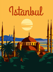 Obraz premium Istanbul retro poster, sunset city Turkey, Noble Hagia Sophia Grand Mosque. Vintage touristic postcard