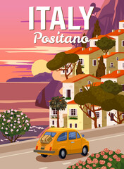Retro Poster Italy, Positano resort, Amalfi coast. Road retro car, mediterranean romantic landscape, mountains, seaside town, sailboat, sea. Retro travel poster - obrazy, fototapety, plakaty