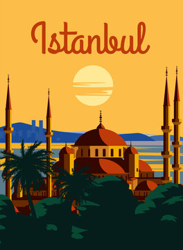 Istanbul retro poster, sunset city Turkey, Noble Hagia Sophia Grand Mosque. Vintage touristic postcard