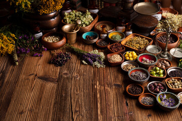  Natural medicine background. Assorted dry herbs in bowls and brass mortar on rustic wooden table.