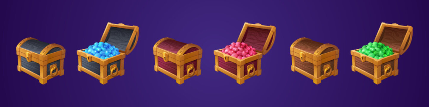 Chests with treasure, open and closed wooden box with green red blue gem stones or crystals. Trophy trunks game level reward. Pirate loot, fantasy assets, gui elements, Cartoon vector illustration set