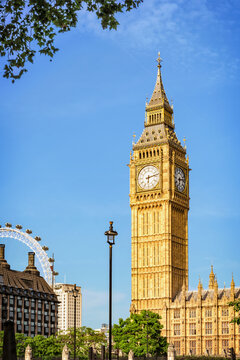 Big Ben - Elizabeth Tower in London. 90-meters high clock tower is traditional symbol of London. Copy space in sky.
