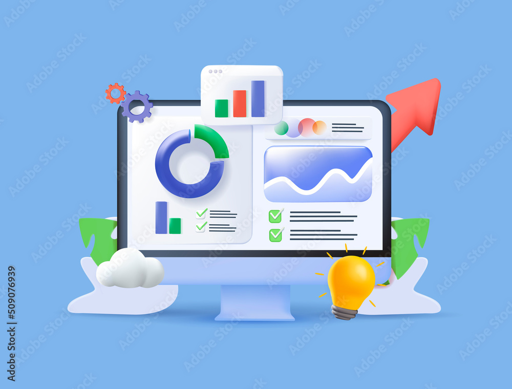 Poster 3d web ui interface. data analytics, seo optimization dashboard and business finance report. investm