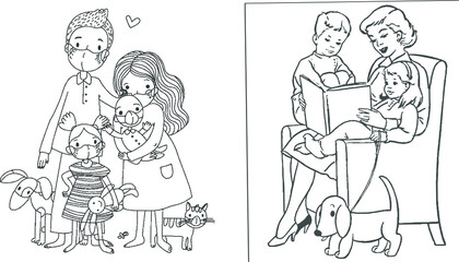 Parents and kids cartoon sketches illustration vector