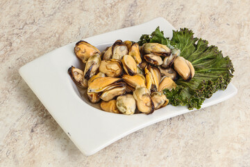 Tasty marinated mussels in the bowl